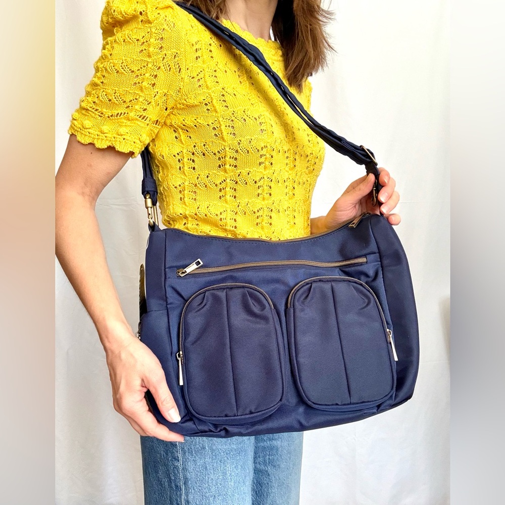 Travelon Versatile RFID Blue Shoulder Bag with Adjustable Strap and wallet